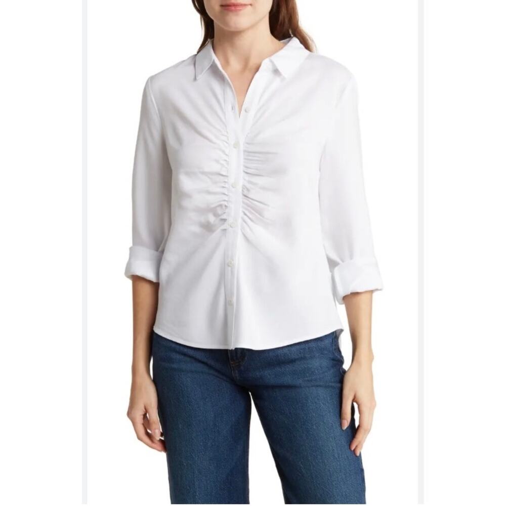 DR2 Classic White Ruched long Sleeve Blouse XL Librarian Chic Modern Minimalist